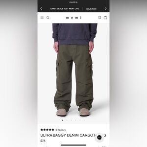 MNML Ultra Baggy Extended Knee Denim Olive Green Cargo Pants, 36x32